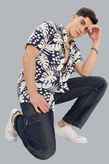 BLUE LEAVES PRINT HALF SLEEVES SLIM FIT SHIRT