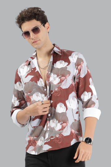 LIGHT BROWN FLORAL SLIM FIT SHIRT - TEXTURED