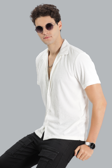 WHITE POPCORN HALF SLEEVES SLIM FIT SHIRT - TEXTURED