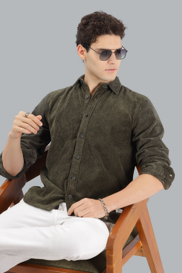 OLIVE CORDUROY SLIM FIT SHIRT - TEXTURED