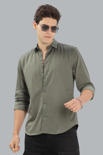 OLIVE SATIN STRETCHABLE SLIM FIT SHIRT