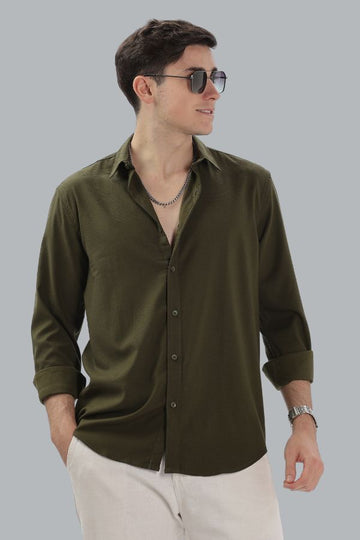 OLIVE SLIM FIT SHIRT - TEXTURED
