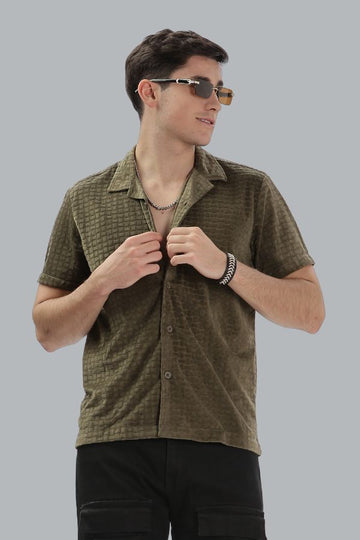 OLIVE HALF SLEEVES SLIM FIT SHIRT - TEXTURED