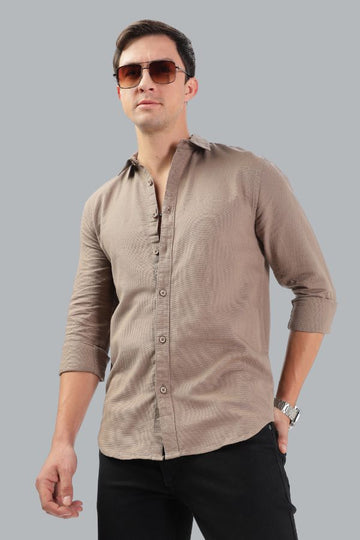 LIGHT BROWN TEXTURED SLIM FIT SHIRT - TEXTURED