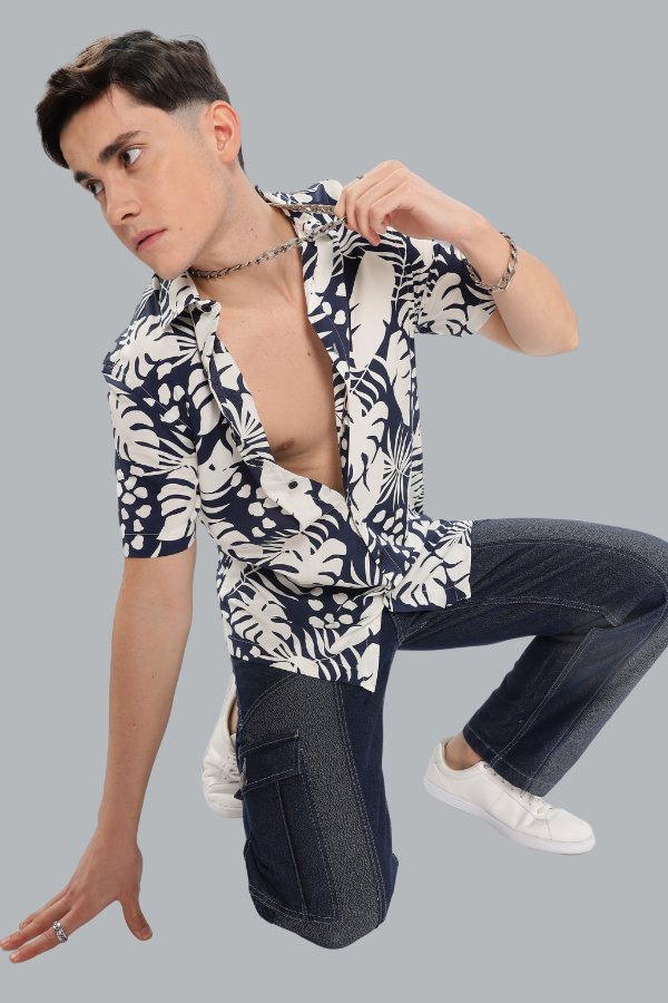 BLUE LEAVES PRINT HALF SLEEVES  SHIRT