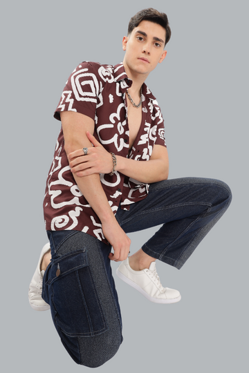 BROWN FUNKY PRINT HALF SLEEVES SHIRT