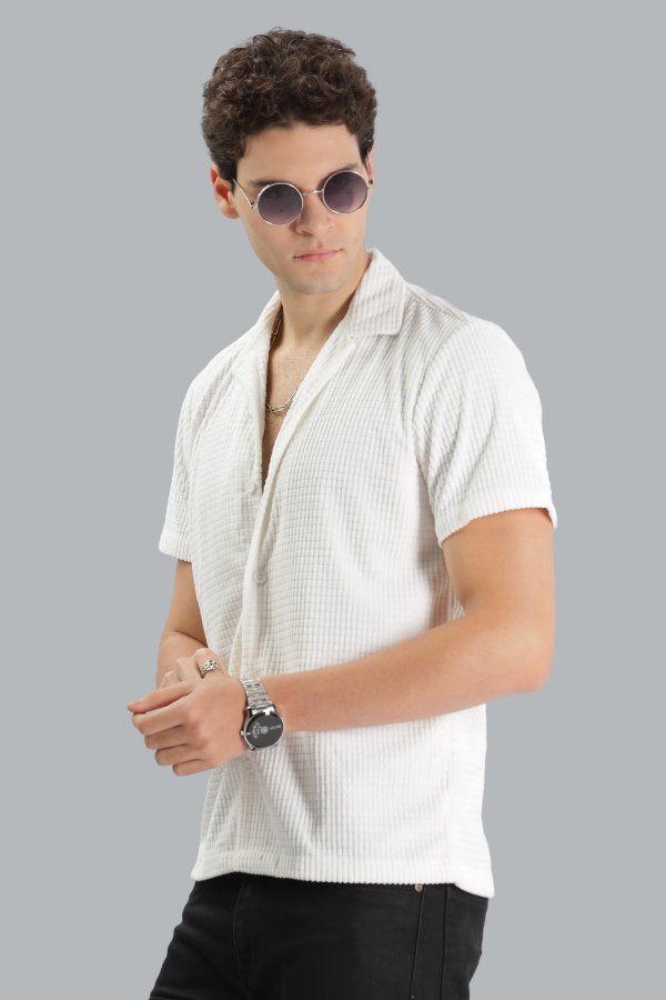 WHITE POPCORN HALF SLEEVES SLIM FIT SHIRT