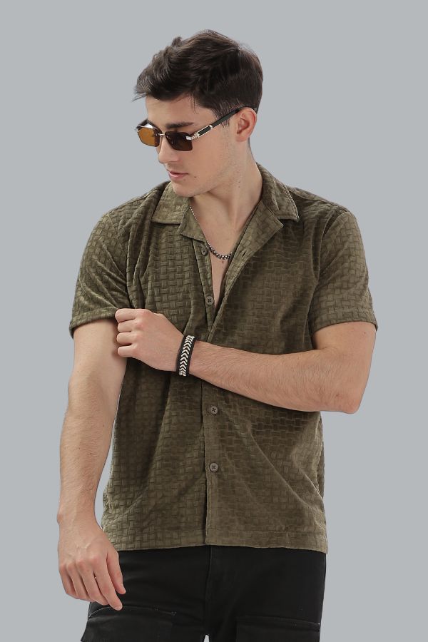 OLIVE HALF SLEEVES SLIM FIT SHIRT