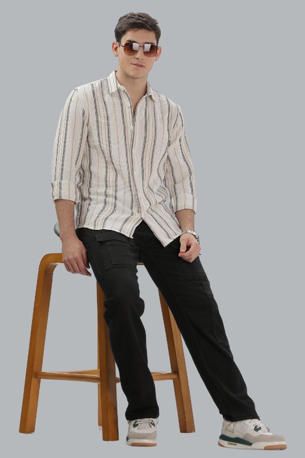 WHITE TEXTURED STRIPES SLIM FIT SHIRT